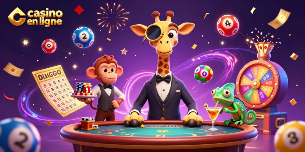 Jouez au casino en ligne avec succès grâce à cette illustration colorée et dynamique illustrant une girafe joueur.