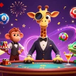 Jouez au casino en ligne avec succès grâce à cette illustration colorée et dynamique illustrant une girafe joueur.