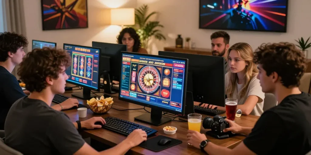 Scène de jeu en ligne amusante avec casino en ligne et amis