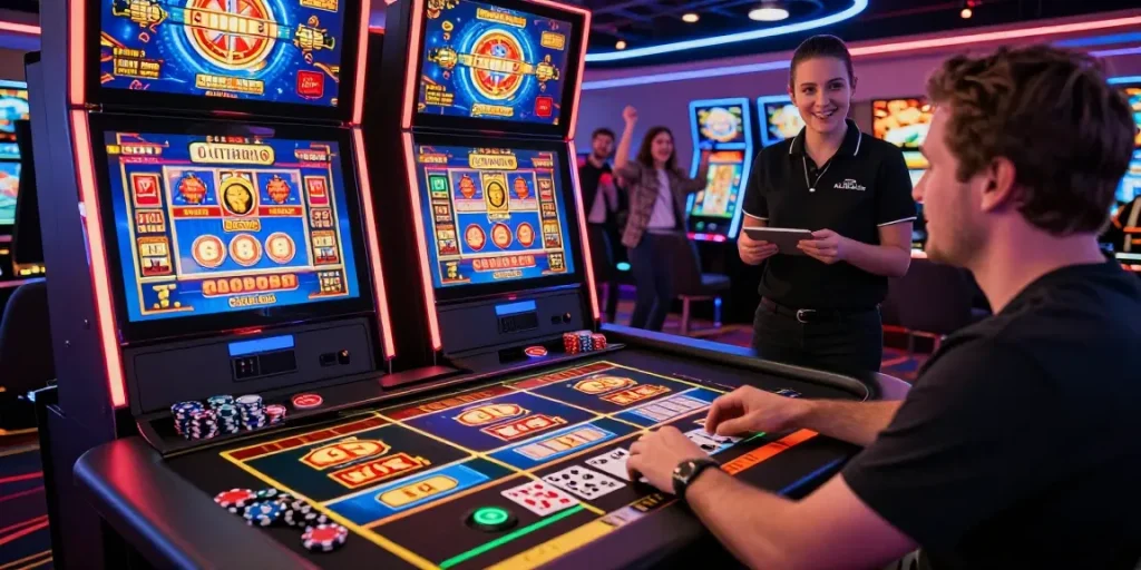 Personne jouant au casino en ligne avec des graphismes colorés, jetons et cartes sur la table.