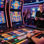 Personne jouant au casino en ligne avec des graphismes colorés, jetons et cartes sur la table.