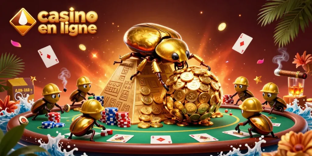 Visualisez le casino en ligne avec un scarabée doré poussant des pièces tout en jouant au poker.