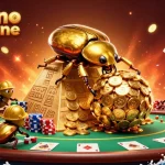 Visualisez le casino en ligne avec un scarabée doré poussant des pièces tout en jouant au poker.