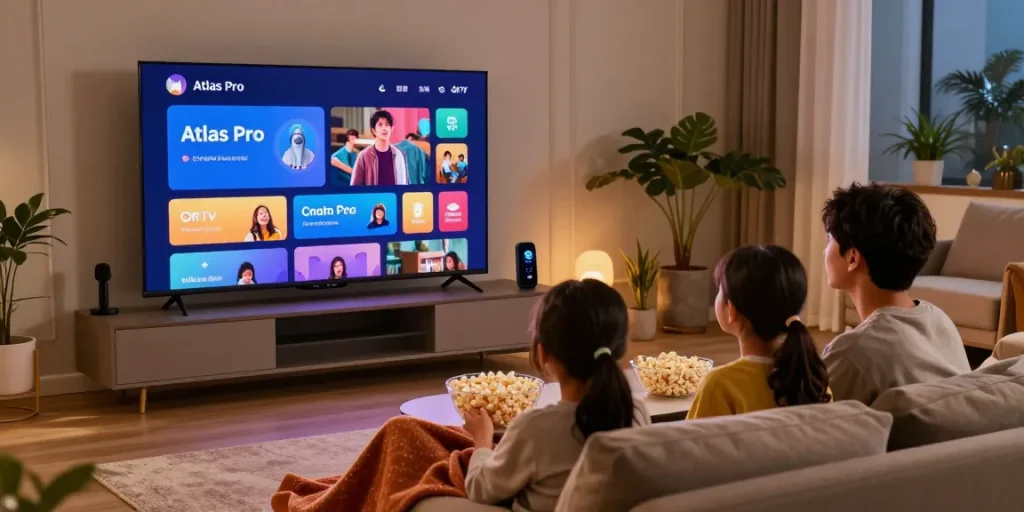 La famille utilisant l'application Atlas Pro ONTV pour une soirée cinéma à domicile.
