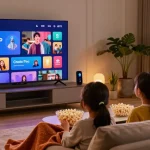 La famille utilisant l'application Atlas Pro ONTV pour une soirée cinéma à domicile.