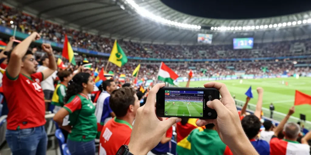 Classement de la coupe du monde de football 2026 avec des fans célébrant dans le stade.
