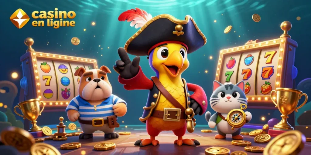 Plongez dans l'univers vibrant des jeux de casino en ligne avec une illustration riche en détails, mettant en scène des personnages animés.