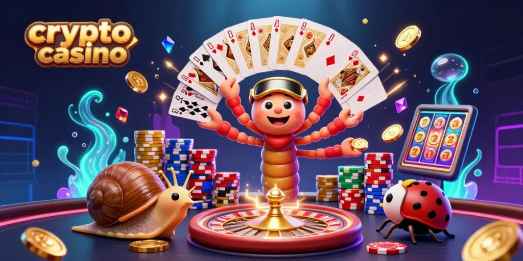 Jouer au crypto casino avec un dealer original et une ambiance dynamique. Cartes, jetons et effets lumineux.
