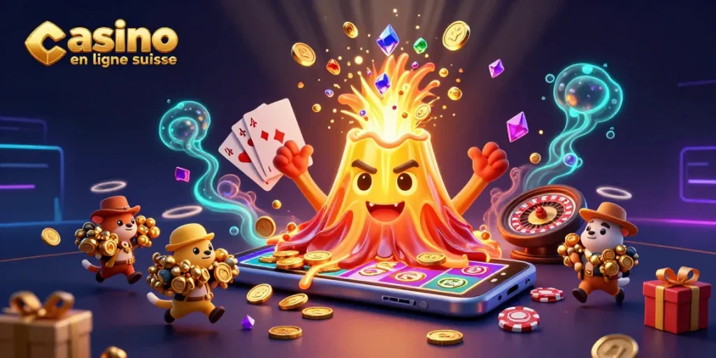 Visitez le meilleur casino en ligne suisse avec un volcan doré émettant des trésors.
