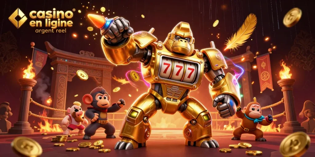 Plongez dans l'univers palpitant du casino en ligne argent réel avec un gorille mech triomphant entouré d'effets lumineux.