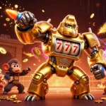 Plongez dans l'univers palpitant du casino en ligne argent réel avec un gorille mech triomphant entouré d'effets lumineux.