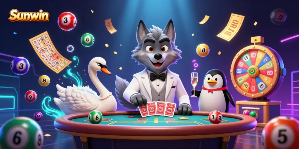 Experience the excitement of Sunwin with vibrant illustrated characters in a lively casino scene.