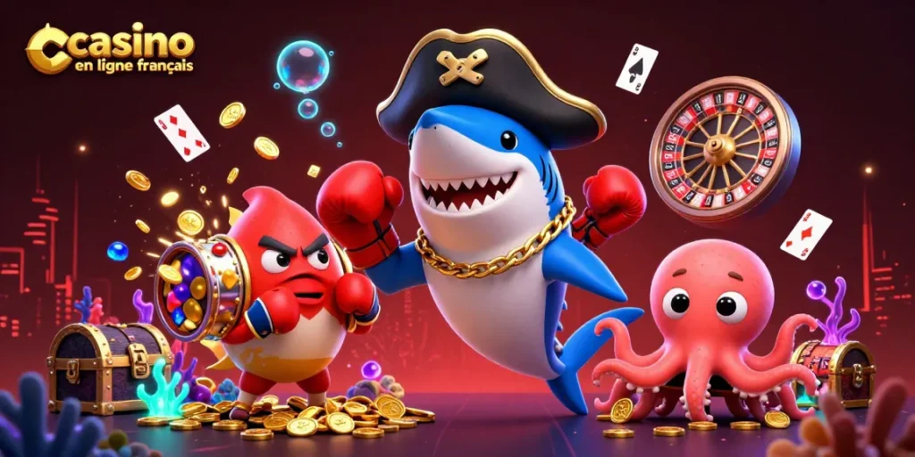 Découvrez le casino en ligne français avec un gentil requin pirate et un poisson-globe, tous deux entourés d'éléments de jeu vibrants.