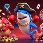 Découvrez le casino en ligne français avec un gentil requin pirate et un poisson-globe, tous deux entourés d'éléments de jeu vibrants.