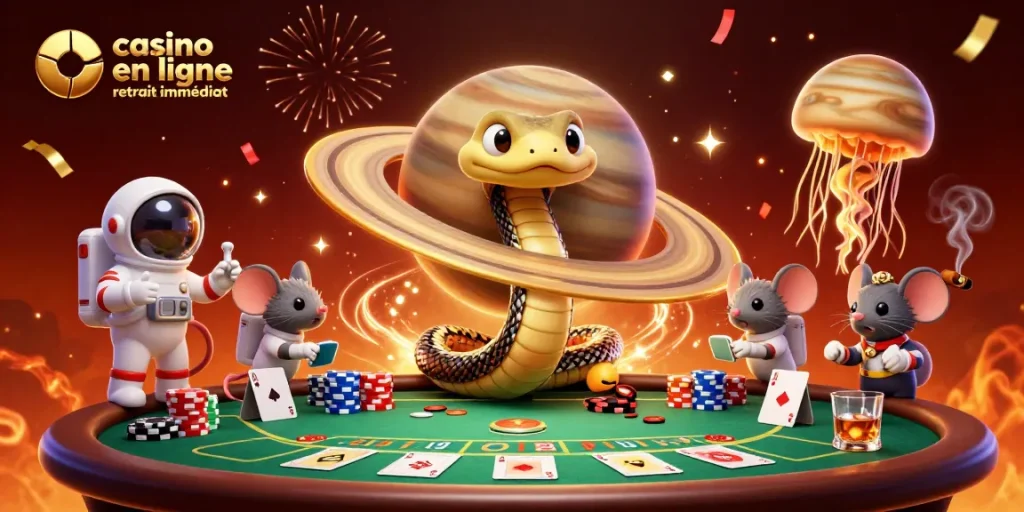 Vivez l'action au casino en ligne retrait immédiat avec des astronautes pariant autour d'une roulette spatiale.