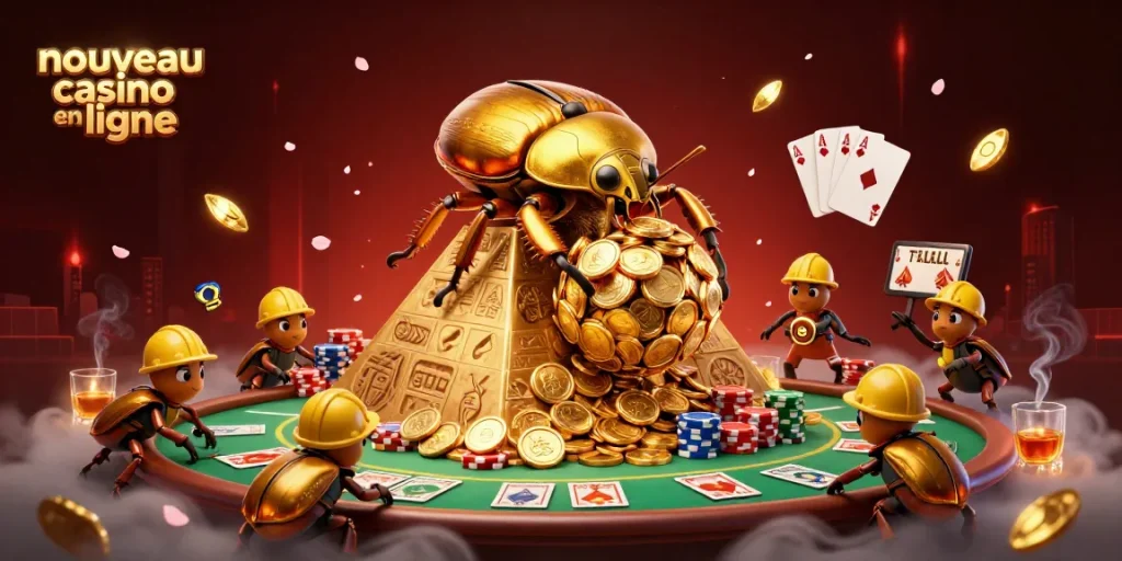 Une scène dynamique illustrant un nouveau casino en ligne avec des scarabées dorés, des jetons de poker et une pyramide.
