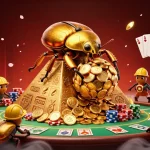 Une scène dynamique illustrant un nouveau casino en ligne avec des scarabées dorés, des jetons de poker et une pyramide.