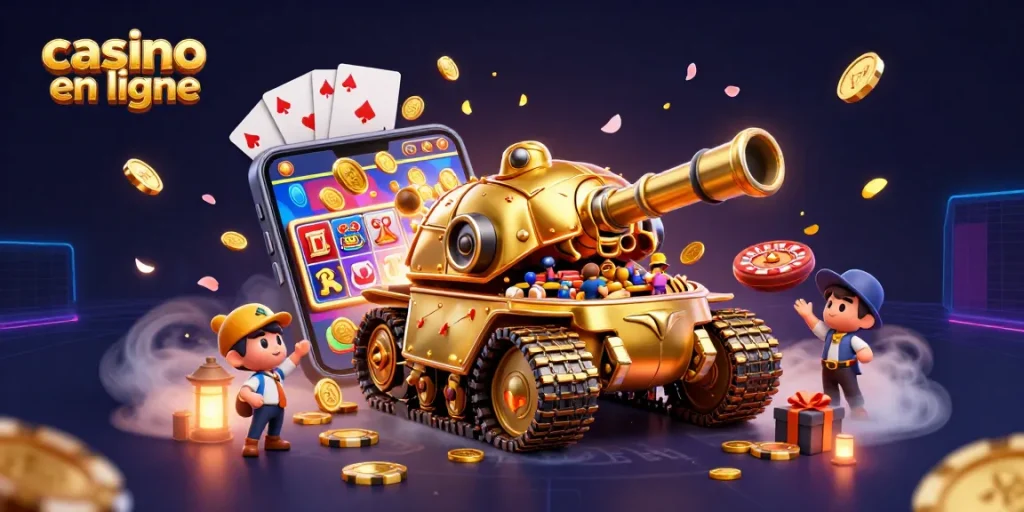 Plongez dans le monde du casino en ligne avec un tank doré révélant un mini-casino animé.