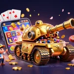Plongez dans le monde du casino en ligne avec un tank doré révélant un mini-casino animé.