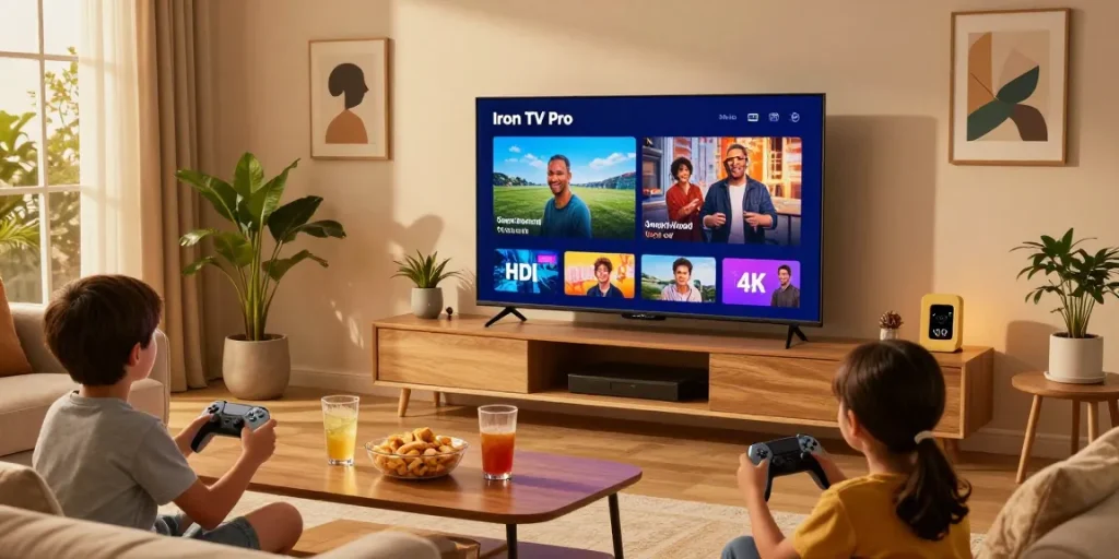 Famille regardant Iron TV Pro sur Smart TV, ambiance chaleureuse et conviviale.