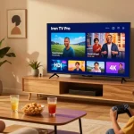 Famille regardant Iron TV Pro sur Smart TV, ambiance chaleureuse et conviviale.