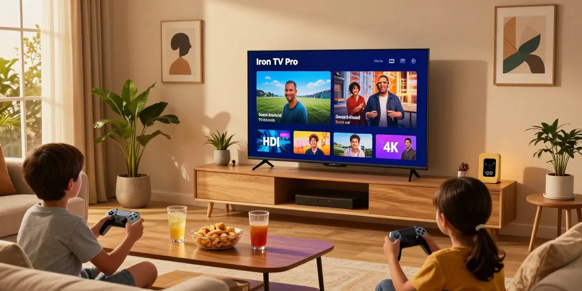 Famille regardant Iron TV Pro sur Smart TV, ambiance chaleureuse et conviviale.