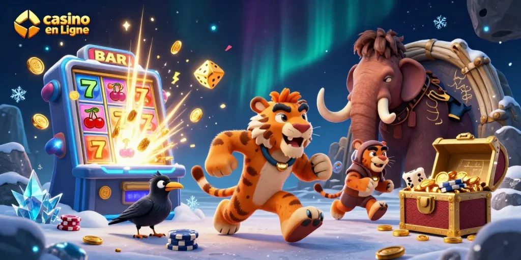 Visualisez un casino en ligne animé avec un duo de personnages préhistoriques et des jackpots.