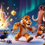 Visualisez un casino en ligne animé avec un duo de personnages préhistoriques et des jackpots.