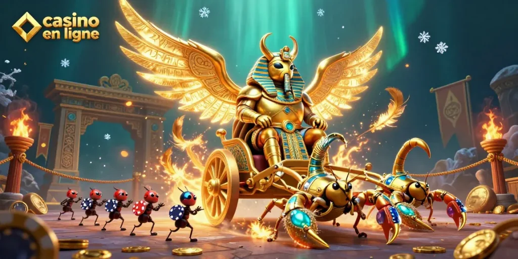 Découvrez le casino en ligne avec un scarabée doré colossal et des scorpions, dans une scène de jeu animée.