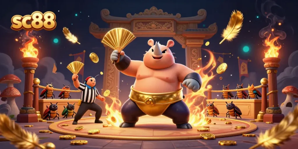 sc88 showcases a powerful beetle in a dynamic casino arena, sending coins flying in a 3D illustration.