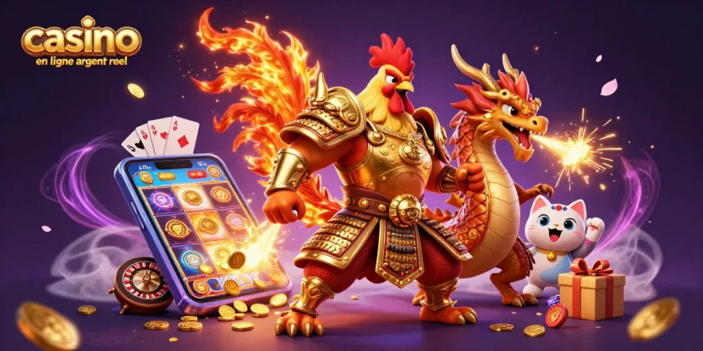 Profitez des jeux de casino en ligne argent réel avec une illustration colorée de personnages dynamiques.