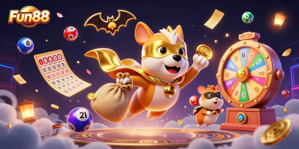 Fun88 shows a superhero dog flying with gold coins amidst vibrant lottery elements in a 3D casino scene.