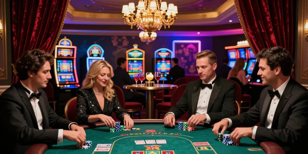Exciting scene of elegant individuals engaging with italian casino guest posts while gambling at a poker table in a luxurious setting.