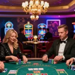 Exciting scene of elegant individuals engaging with italian casino guest posts while gambling at a poker table in a luxurious setting.