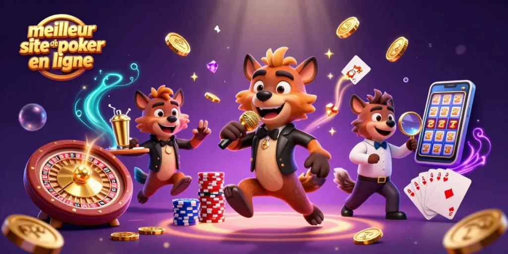 Profitez du meilleur site de poker en ligne avec une animation de hyènes amusantes dans un casino virtuel, entourées de jetons et cartes.