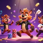 Profitez du meilleur site de poker en ligne avec une animation de hyènes amusantes dans un casino virtuel, entourées de jetons et cartes.