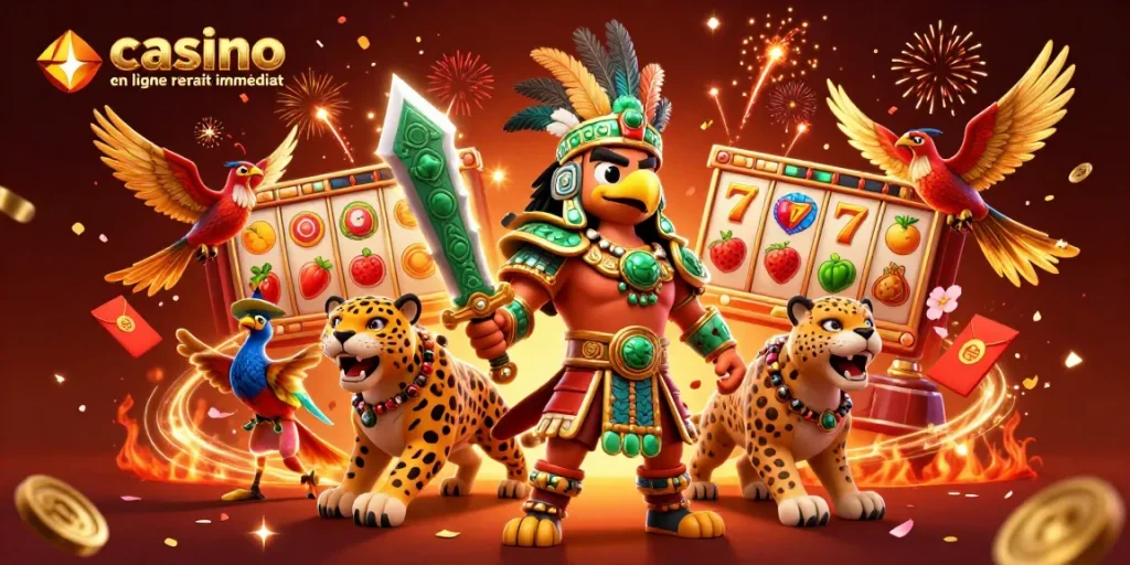 Retrouvez émotions et gains avec le casino en ligne retrait immédiat grâce à un guerrier aztec et des éléments de jeu.