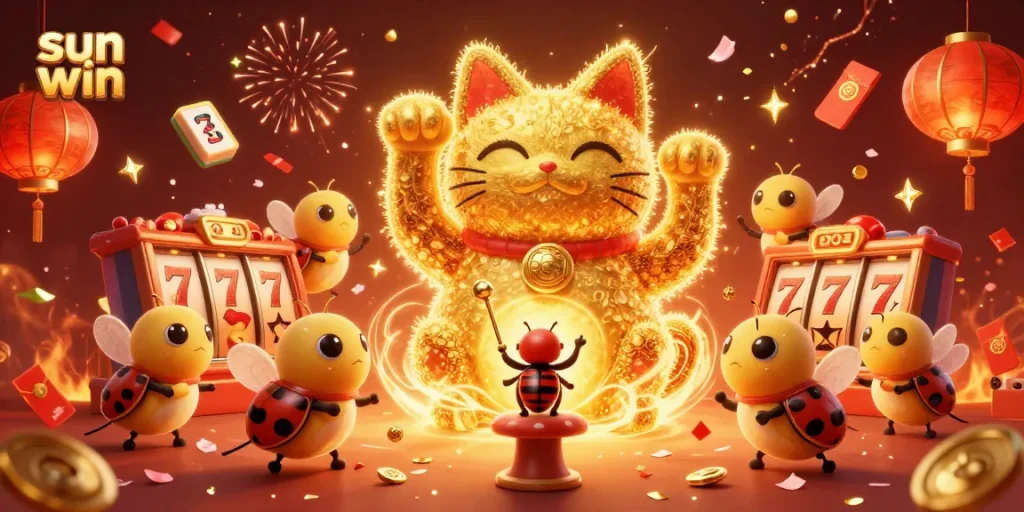Experience the thrill of sun win with a vibrant 3D casino scene featuring lucky characters and dynamic game elements.