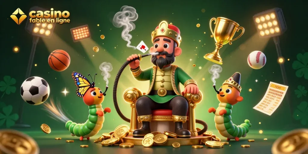 Jouez sur un casino fiable en ligne avec ce vibrant décor de jeu animé illustrant des personnages et des éléments de casino.