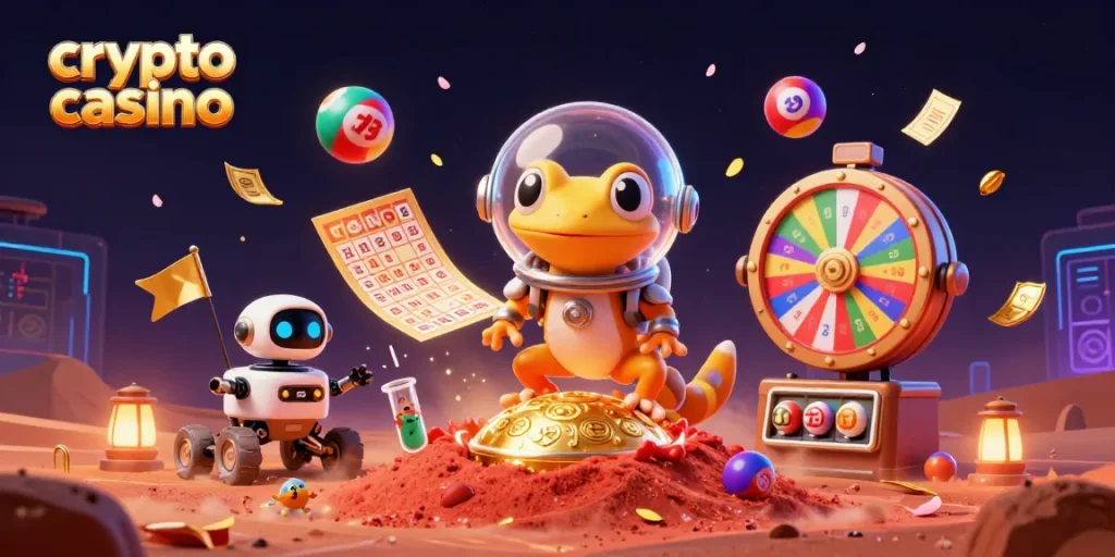 Vivez l'excitation d'un crypto casino avec un lézard martien découvrant un casino doré sur Mars.