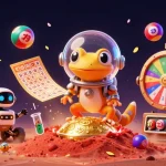 Vivez l'excitation d'un crypto casino avec un lézard martien découvrant un casino doré sur Mars.