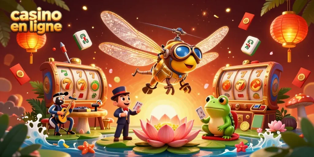 Visitez notre casino en ligne avec une illustration immersive d'un pilote, un croupier et des musiciens.