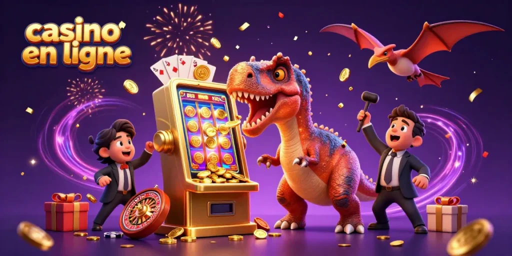 Le casino en ligne propose un pachycephalosaurus vibrant qui donne un coup de tête à une machine à sous dorée, attirant des pièces volantes.