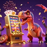 Le casino en ligne propose un pachycephalosaurus vibrant qui donne un coup de tête à une machine à sous dorée, attirant des pièces volantes.