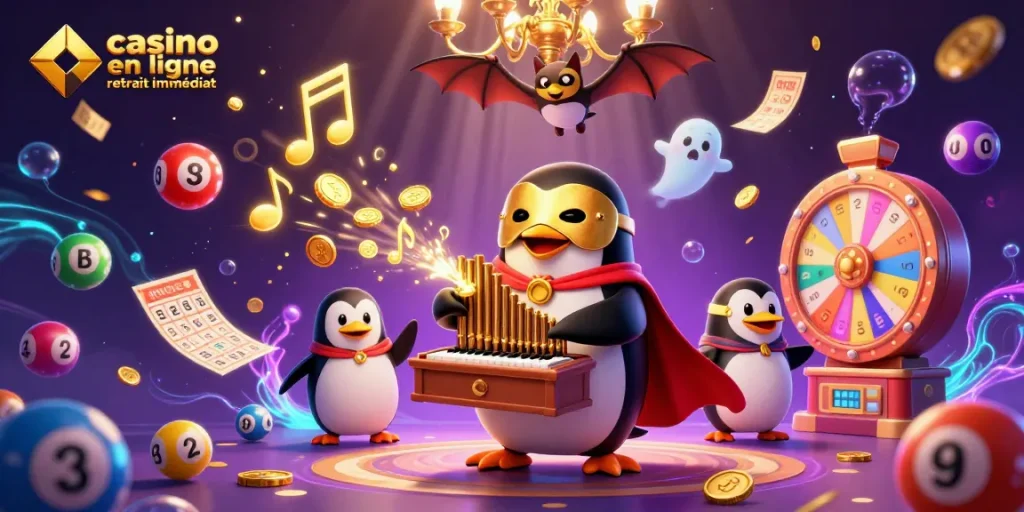 Profitez d'une expérience de casino en ligne retrait immédiat avec une illustration dynamique de personnages de jeu.