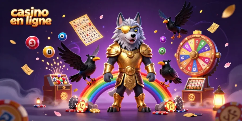 Jouez sur un casino en ligne captivant avec un loup Odin, des balles de loterie colorées, et des effets féeriques.
