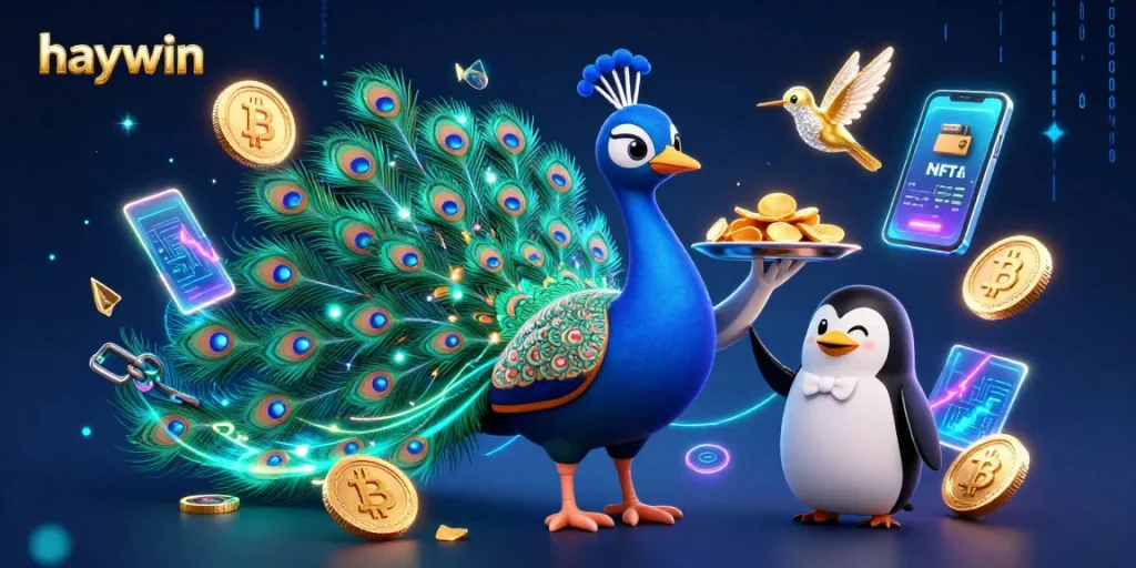Experience thrilling gameplay with haywin's vibrant casino characters and crypto-themed elements in a dynamic scene.