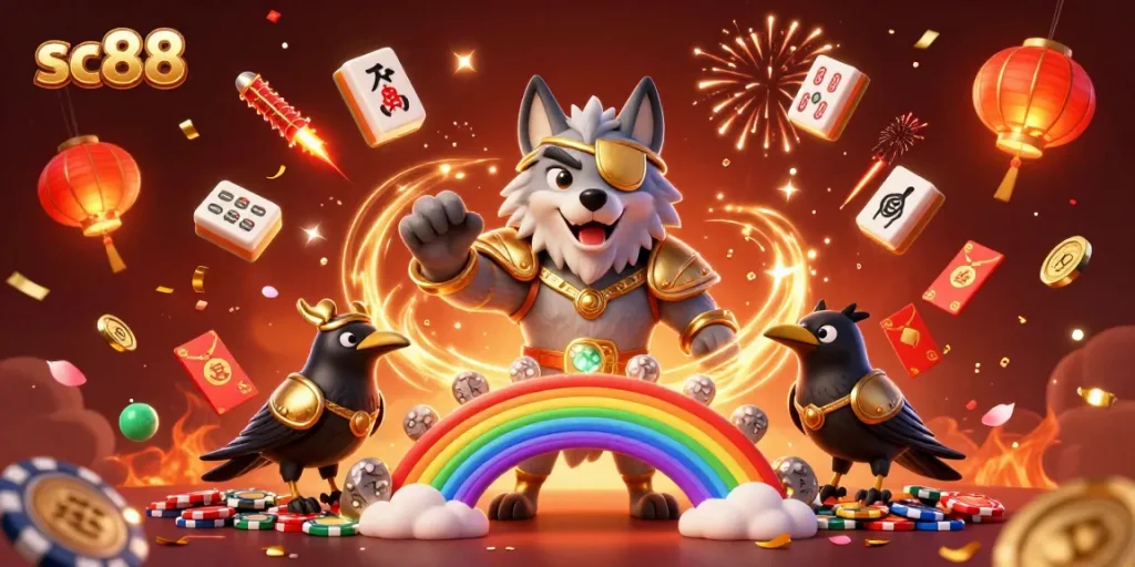 Engage your luck with sc88’s vibrant 3D casino scene featuring Odin and his ravens.