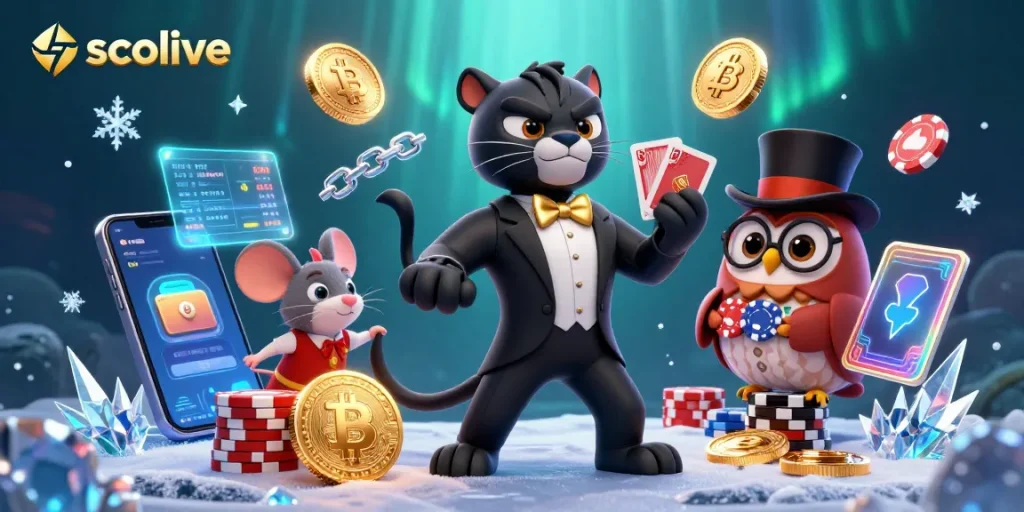 Experience high-stakes gaming with socolive featuring a stylish panther dealer and owl holding poker chips.