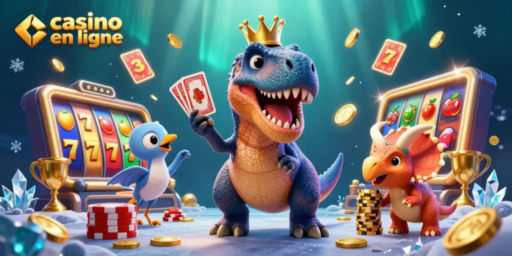 Jouez à un casino en ligne captivant avec un T-Rex amical et des éléments de jeux dynamiques.